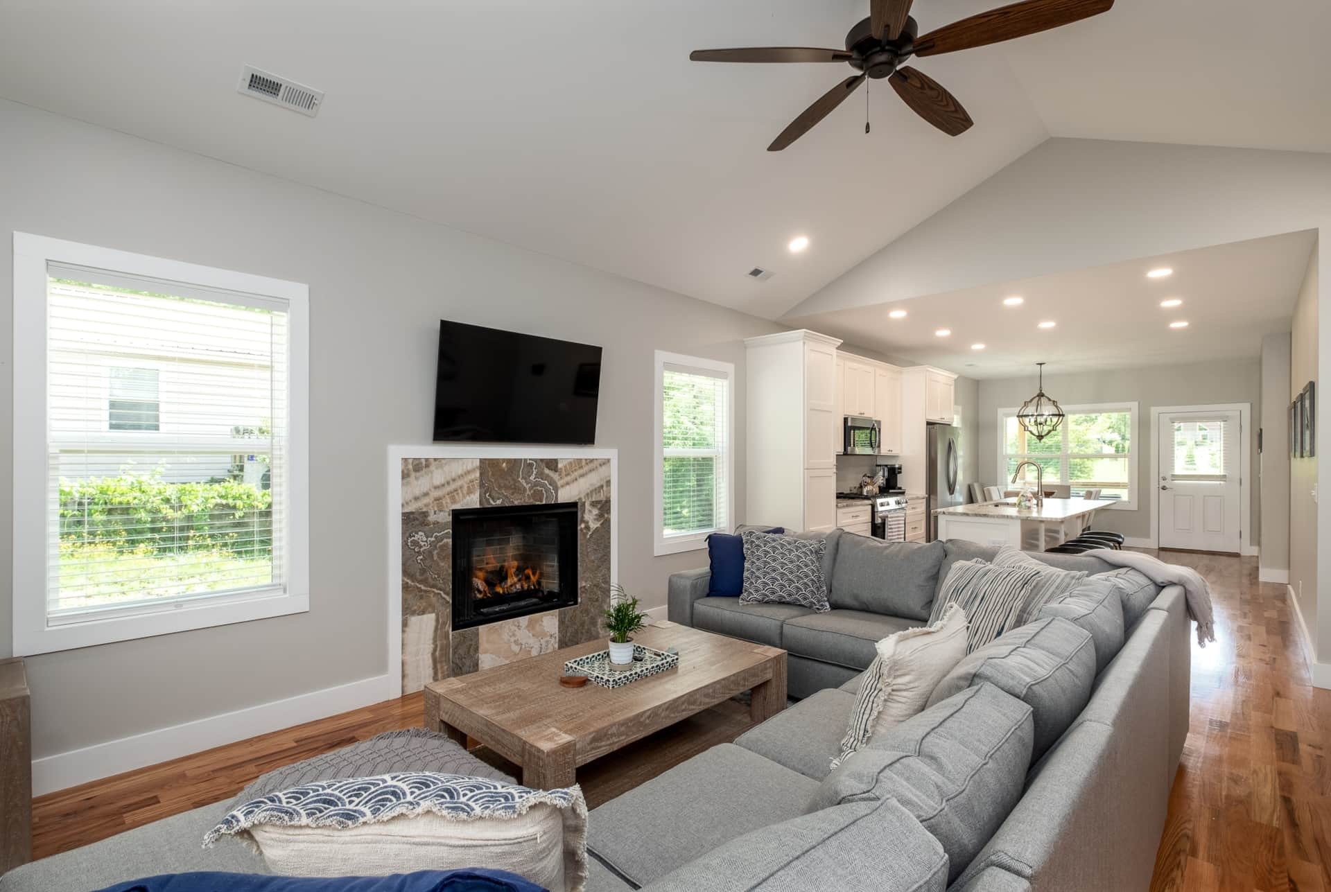 Great room with vaulted ceiling and gas fireplace