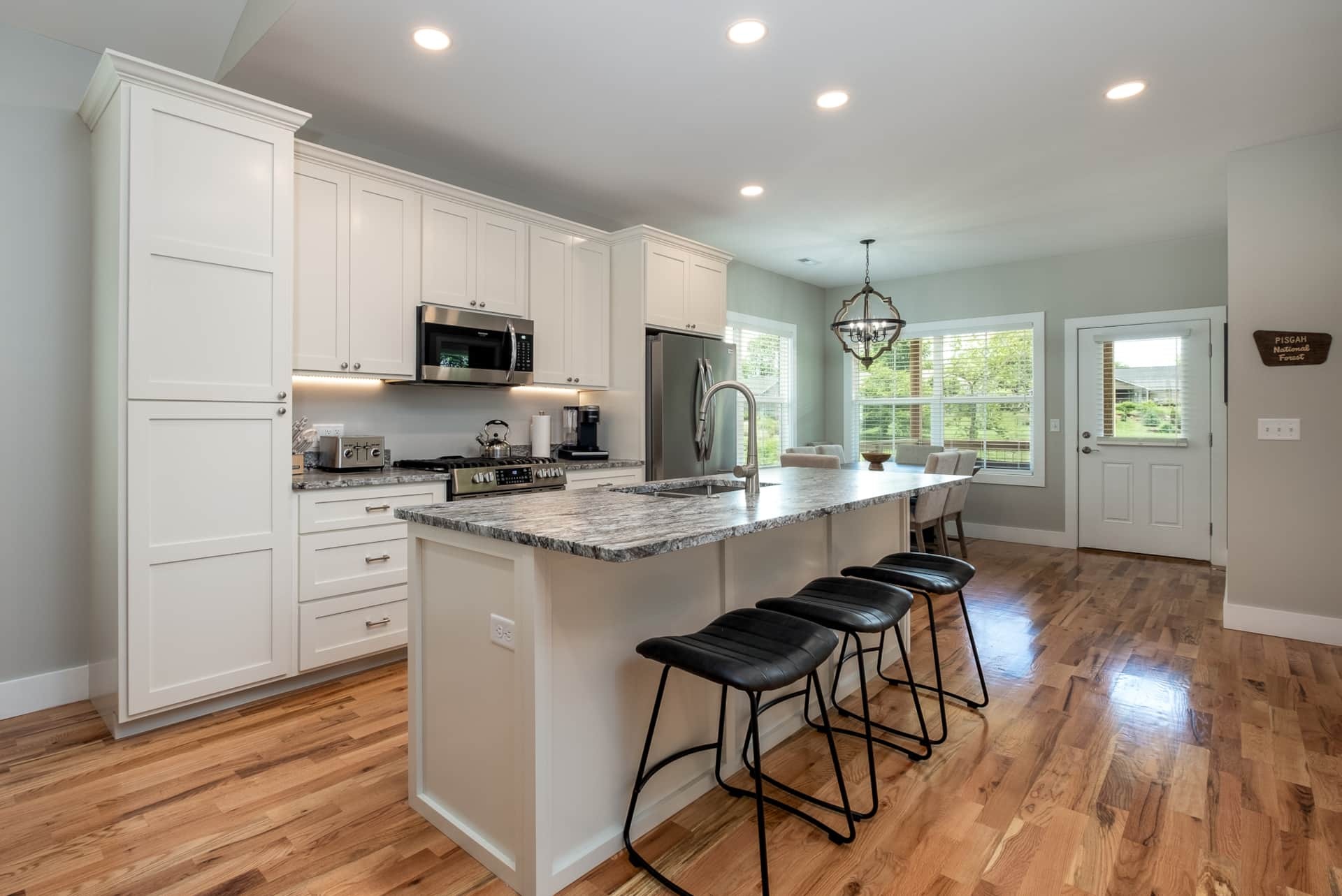 Kitchen with island and Pisgah National Forest sign