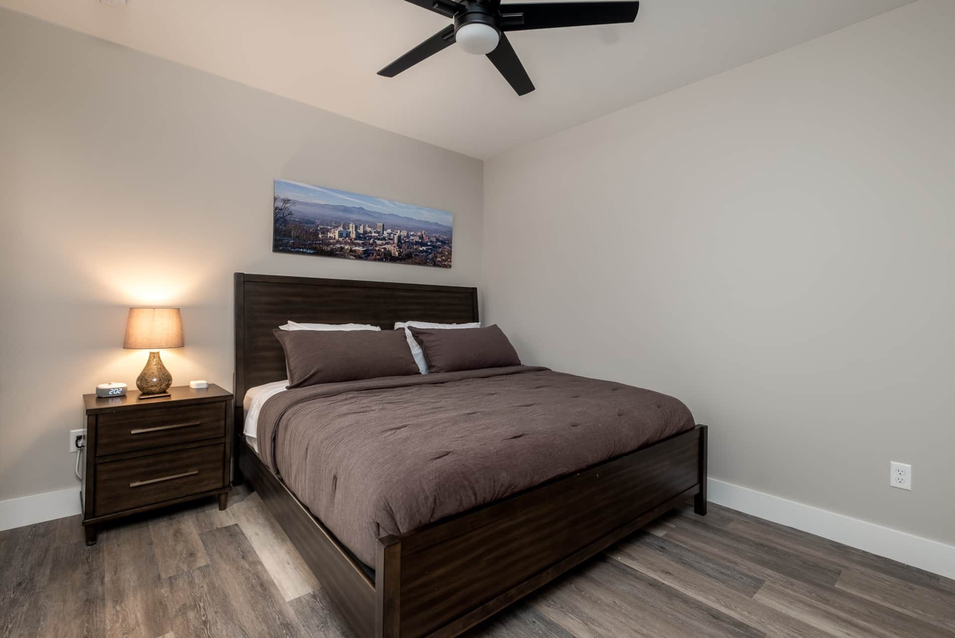 Bedroom with brown duvet and Asheville skyline canvas