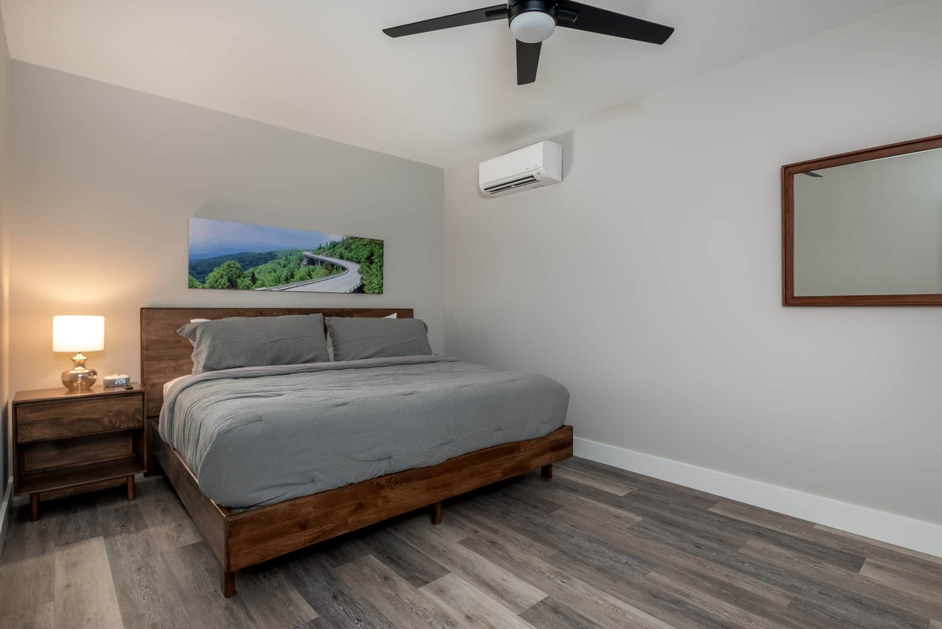 Bedroom with gray duvet