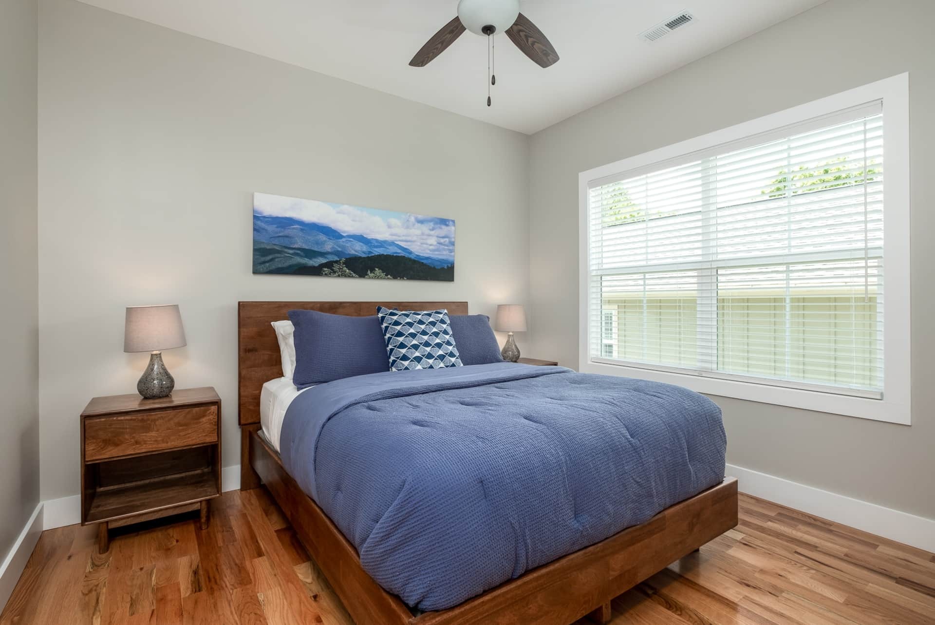 Bedroom with blue duvet