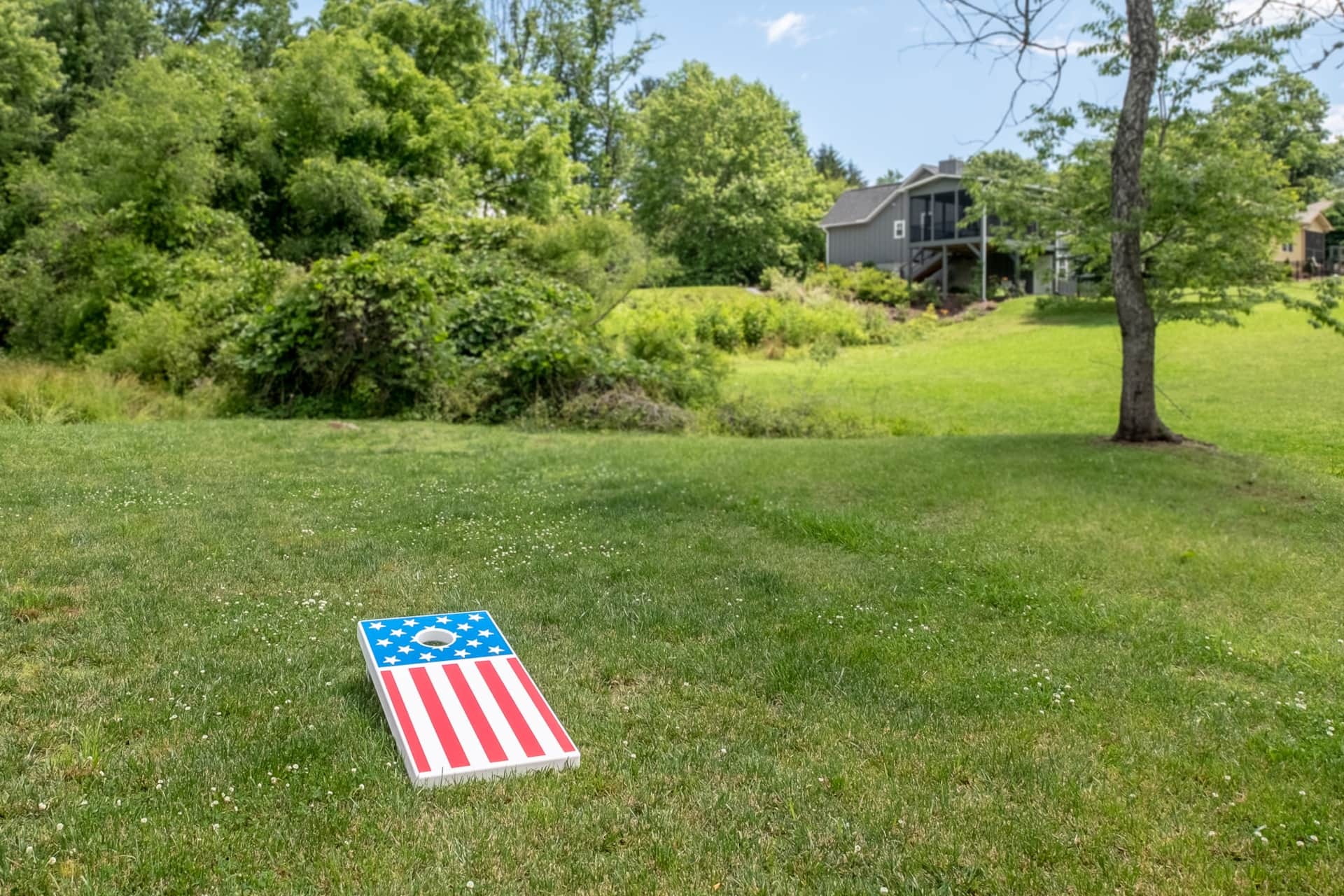 Cornhole boards on the lawn