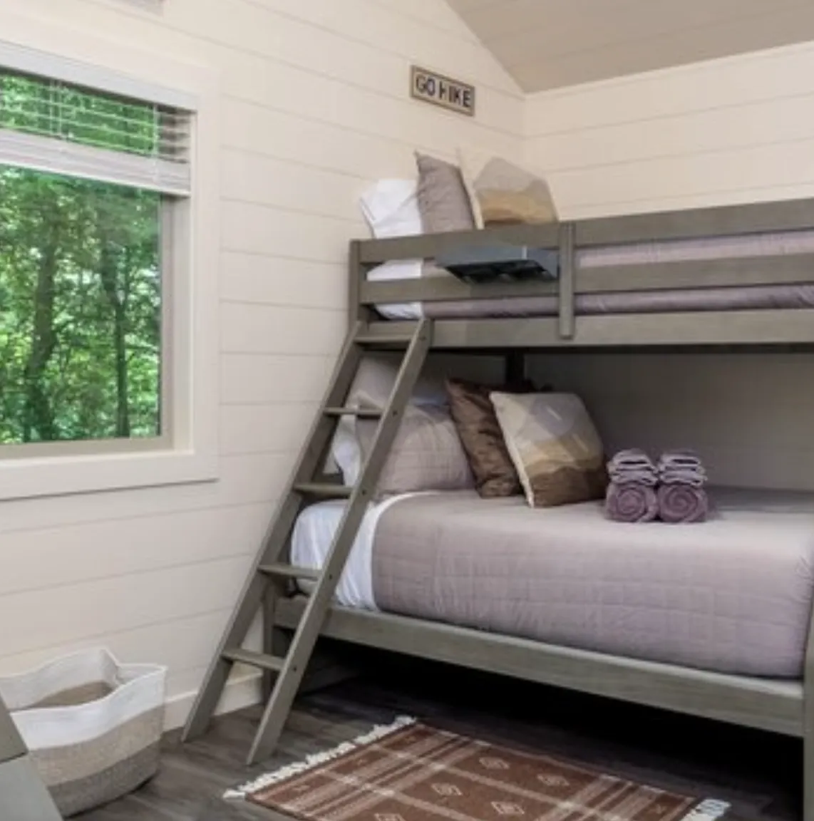 Interior of Bunk Glamping Cabin with bunk beds at Valley Bear Farms