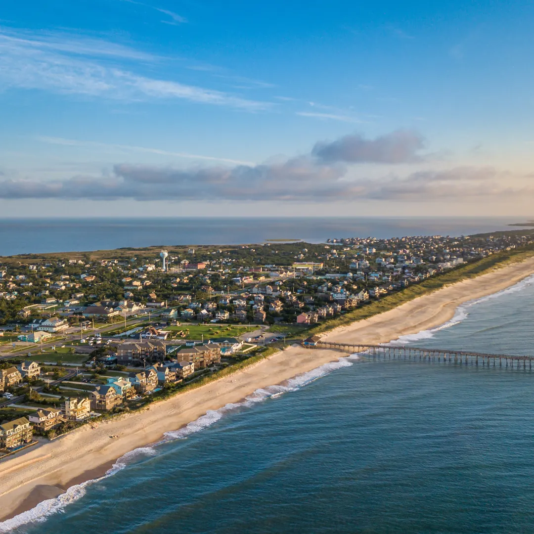 Outer Banks, NC lighthouse and Atlantic coastline with wild horses