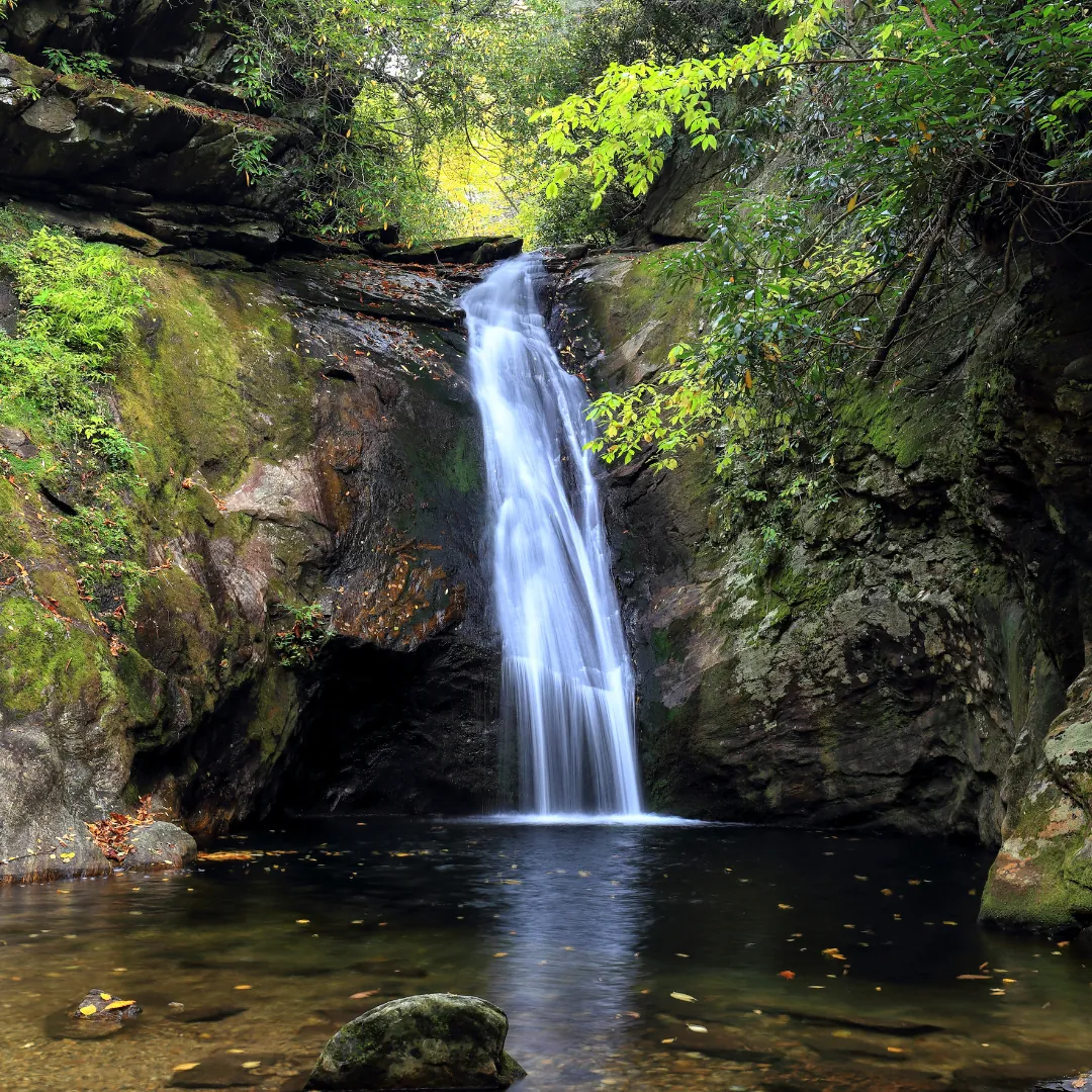 Courthouse Falls dropping into a deep, narrow pool in a rocky, shaded gorge in Pisgah National Forest