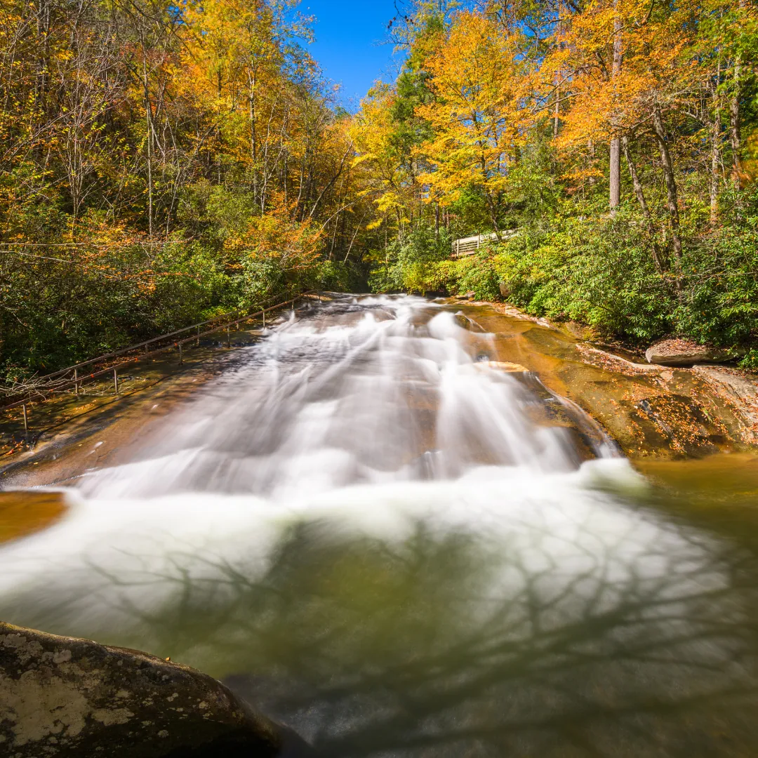 Swimmers sliding down the 60-foot natural rock waterslide at Sliding Rock on Looking Glass Creek in Pisgah National Forest